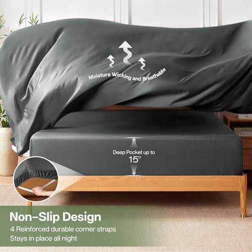 MR&HM Twin XL Sheets Set, 3-Piece Cooling Sheets, Rayon Derived from Bamboo & Polyester Blend, Soft & Silky, 15" Deep Pockets with Elastic Straps, Hotel Luxury for Hot Sleepers, Dark Grey