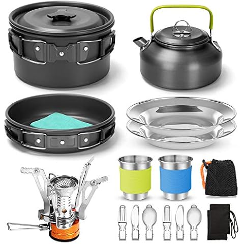 Odoland Camping Geschirr 18-teilige Camping kochset Faltbare Campingtöpfe und 0.8 L Camping teekessel und Gaskocher für Schraubkartusche für Outdoor Kochen Cover