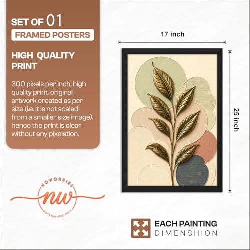 Image of NoWorries 3D Botanical Leaf Wall Painting with Frame Set of 1 | Premium Textured Gold Leaf Artwork, Modern Abstract Nature Wall Decor for Living Room, Bedroom, Office and Home Decoration (3d Art-11,17x25inch)