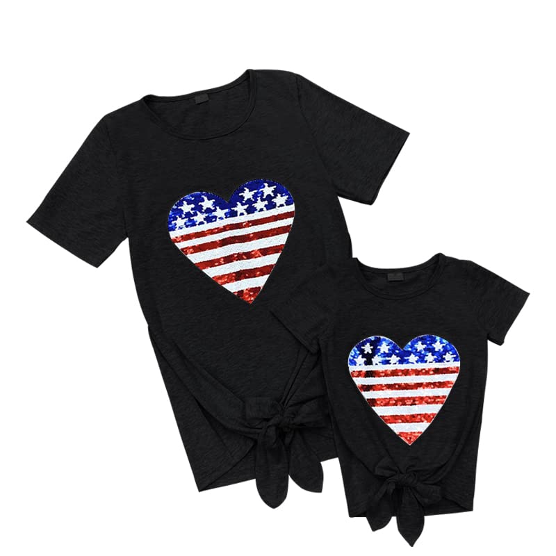 Image of ANATA Mommy and Me Matching Outfits American Flag Sequin Heart T Shirts Bow Tie Knot Short Sleeve Tee Top