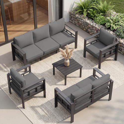 UDPATIO 5-Piece Aluminium Garden Furniture Set Weatherproof 7 Seater Garden Sofa Set Modern Outdoor Seating with 2 Sofas 2 Armchairs & Coffee Table for Balcony Garden & Terrace (Grey Cushions)
