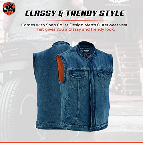 Daniel Smart Men’s Vest – Unique Raw Blue Denim Motorcycle Vest For Men’s Snap Collar Design With Concealment Armory Pocket (Large) #TOP2