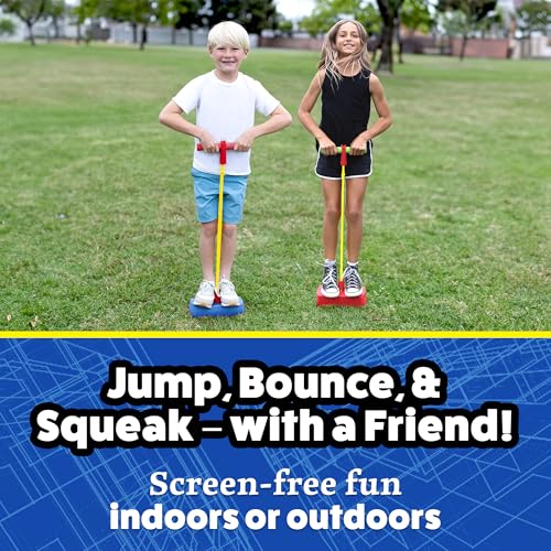 Image of Stomp Hopper Foam Pogo Stick for Kids 2 Pack - Jump, Bounce, Squeak! | Pogo Stick, Soft Grips & Stretchy Bands - Fun Outdoor Toys for Boys & Girls, Ages 4 & Up - STEM Indoor & Outside Toys