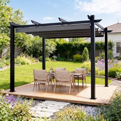 MELLCOM Retractable Pergola 10x12 Ft, Metal Shelter with Upgraded Sun Shade Canopy, Reinforced Frame Outdoor Pergola with Dual Adjustable Roof for Patio Garden Deck, Gray