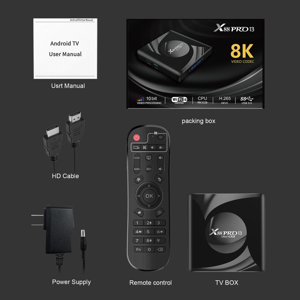 Decodificador Android TV 13.0, X88 Pro 13, LAN Ethernet De 1000 Mbps, 4 GB De RAM, 64 GB De ROM, RK3258/8K/3D/H.265/BT 5.0.,4gb+64gb