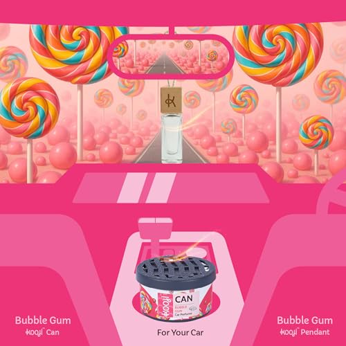 Image of Kooji Can Car Perfume + 5ml Car Hanging Perfume Pendant (Free) - Bubble Gum Scent - Long-Lasting, Alcohol-Free, Oud & Saffron Oriental Fragrance - For Car, Home, or Office Use - Lasts Up to 60 Days