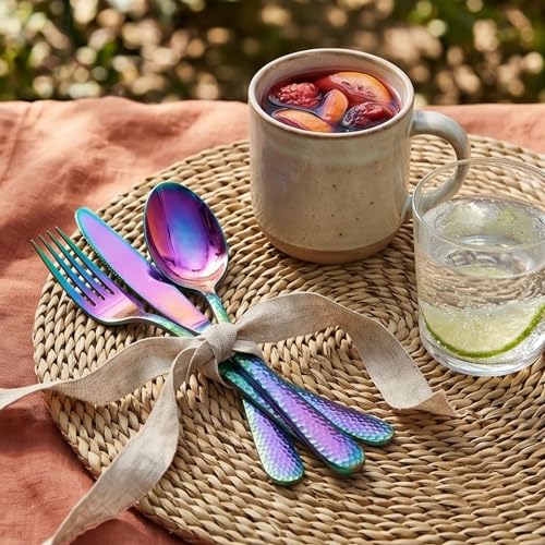 Image of Hammered Rainbow Silverware Set | 20-Piece Premium Stainless Steel Flatware Set | Dishwasher Safe Cutlery Set for Home, Restaurant & Gifting