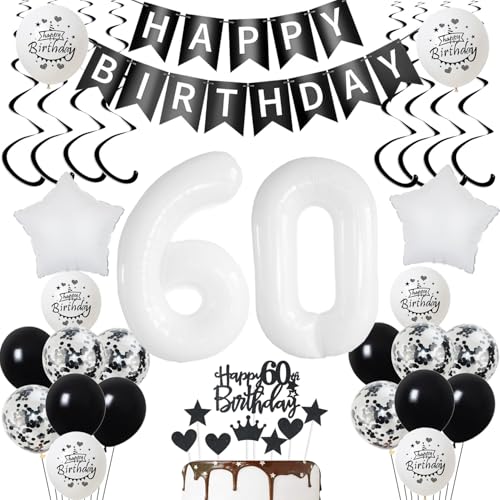 Globo 60 Años cumpleaños hombre decoración Negro Blanco globos Decoración cumpleaños 60 años Mujer decoración 60 cumpleaños globos 60 Años cumpleaños decoración topper torta 60 cumpleaños hombre deco