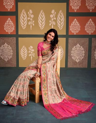 Image of MADHUHANSH Women's Cotton Linen Saree with Unstitched Blouse Piece and Floral Printed Pattern | Women Saree for Special Occasion | Stylish Modern Sarees