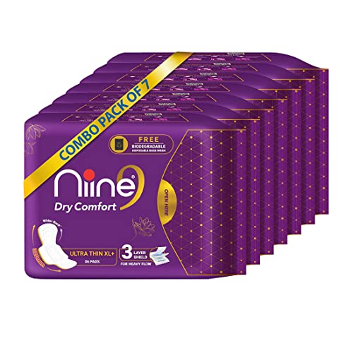 Image of NIINE Dry Comfort Ultra Thin XL+ Sanitary Napkins for Heavy Flow (Pack of 7) 42 Pads with Free Biodegradable disposable bags