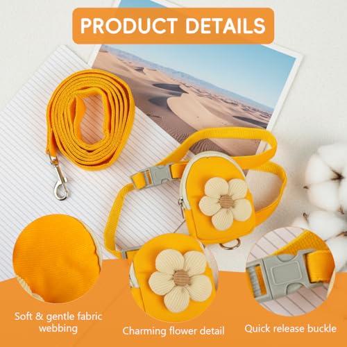 Image of Qpets Cat Harness with Leash, Adjustable Size Floral Flower Pet Belt Mini Zipper Pouch & Cute Yellow Flower Accent, for 4-10kg Small Dogs Cats (Yellow, (M, Chest 26-42cm, Neck 20-32cm)