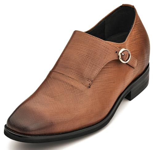 Image of CALTO Men's Invisible Height Increasing Elevator Shoes - Sand Brown Leather Slip-on Lightweight Formal Dress Loafers- 2.8 Inches Taller - Y1181 - Size 8 D(M) US