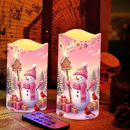 Image of Snowman Cardinal Color Changing Electric Candles, 4 Pack | cozy Christmas Flameless Candle Set with Remote Control, Battery Operated, Fake Candles for Kitchen Room, Home decor
