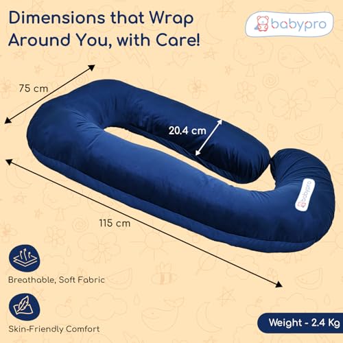 Image of BabyPro J-Shaped Pregnancy Pillow with Silky Cooling Velvet Cover, Blue | Full Body Pillow for Back Pain, Head, Belly, Hips & Knees, Soft Cushion