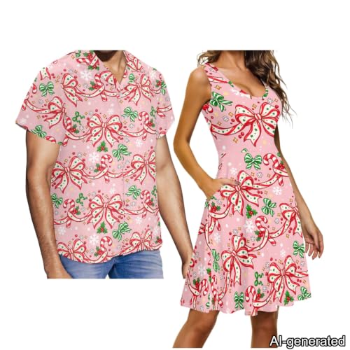Image of Dreaweet Summer Dresses for Women A-Line Sleeveless Flowy Sun Dresses,Men's Casual Button-Down Shirts,Couple Matching Outfits