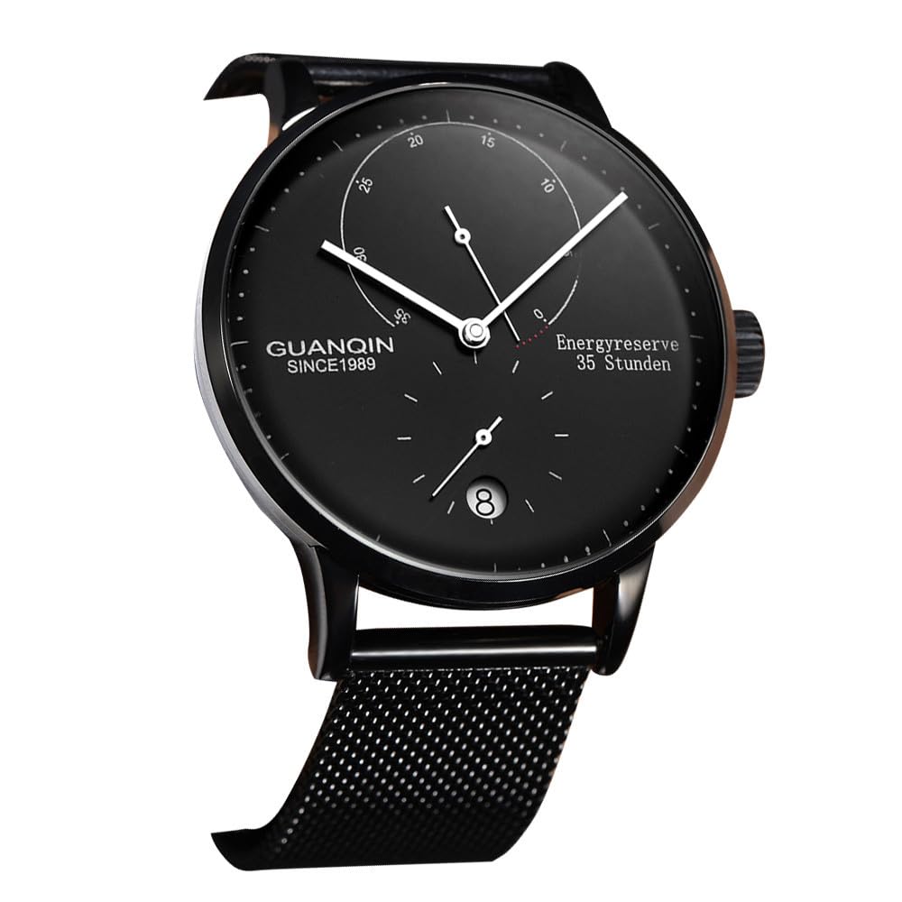 Guanqin Herren-Armbanduhr, Vintage, automatisch, selbstaufziehend, mechanisch, Saphirglas, Business-Kalender, Energiereserveanzeige, wasserdicht, Edelstahl, Lederarmband