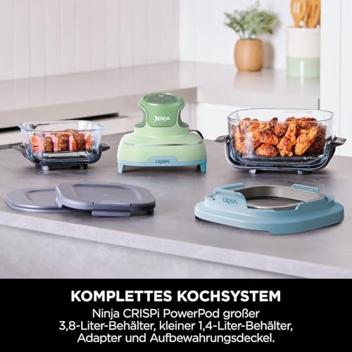 Ninja CRISPi Tragbare Heißluftfritteuse, 3,8 l & 1,4 l, 4-in-1: Heißluftfrittieren, Braten, Aufknuspern, kompaktes Design, 2 abnehmbare Glasbehälter & Deckel, 1700 W, Pastellgrün FN101EUGNBL 3