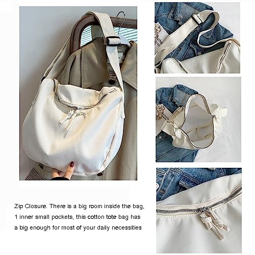 Image of Cotton Tote Handbag Women Canvas Crossbody Beach Bag Hobo Shoulder Tote Bag with 3 External Pocket,Zipper Closure
