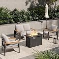 Aoxun Patio Furniture Set, Aluminum Patio Set with Fire Pit Table and 5" Thicken & Washable Cushion, Waterproof Outdoor Furniture, Outdoor Couch Sectional for Backyard (4 Seats/F, Grey)