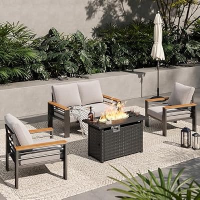 Aoxun Patio Furniture Set, Aluminum Patio Set with Fire Pit Table and 5" Thicken & Washable Cushion, Waterproof Outdoor Furniture, Outdoor Couch Sectional for Backyard (4 Seats/F, Grey)