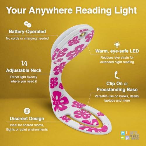 Image of Gifts for Readers & Writers Book Light, Clip On Reading Light for Bed, 2in1 Flexilight & Bookmark, Small & Lightweight with a Soft Glow, 2 Batteries Included, Pink Flowers