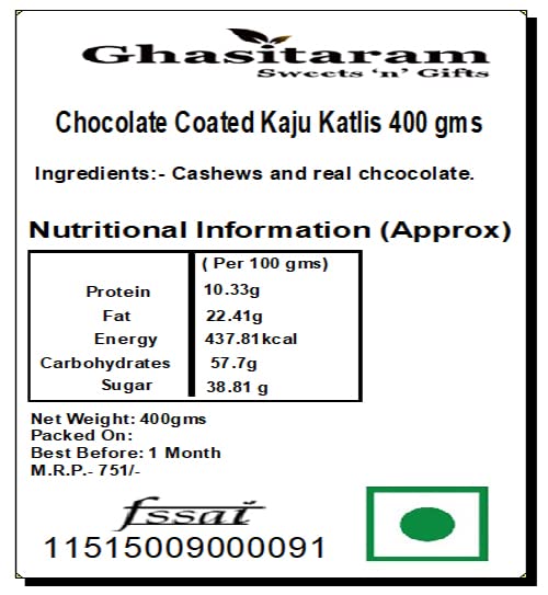 Image of Ghasitaram Gifts Diwali Gifts - Chocolate Coated Kaju Katlis 400 GMS |Diwali,Holi,Rakhi,Valentine,Christmas,Birthday,Anniversary,Gift for Her,Him,Mothers Day,Fathers Day|