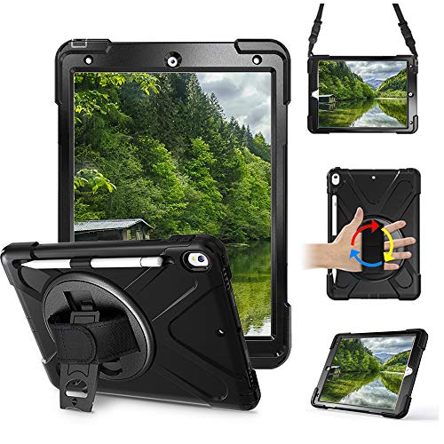 Junfire Coque pour iPad air 3, 2019 avec béquille, iPad Pro 10.5 Cover avec Porte-Crayon,dragonne et bandoulière 3 Couches Hybride résistant aux Chocs pour iPad Pro 10.5, 2017/iapd air 3, 2019(Noir)