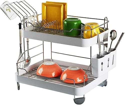 Estante de secado de platos para fregadero, soporte para platos de dos niveles con escurridor de platos de alto grosor, soporte para tazas, cuchara