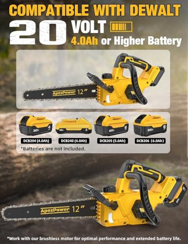 12 Inch Brushless Electric Chainsaw Cordless, for Dewalt Battery 20V, Compact Chain Saw with 44.3 FT/S Powerful Cutting, Auto Oiler Low Kickback Battery Powered Chainsaw for Tree Trimming Wood Cutting