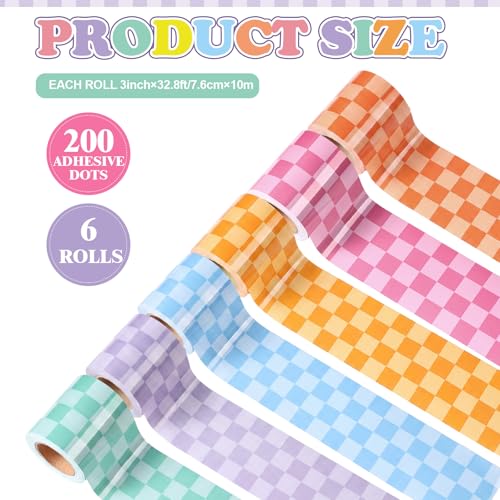 Image of Fuutreo 6 Roll 197 ft Pastel Checkered Bulletin Board Borders Colorful Plaid Border Trim Classroom Decoration Checkerboard Straight Border Decor for Back to School Chalkboard Office Wall