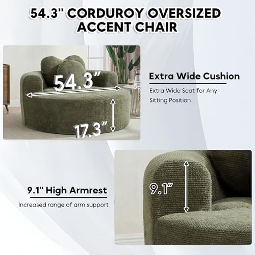 Image of Oversized Round Chair Lounge Chaise Indoor, 54.3 inch Upholstered Corduroy Deep Seat Single Cloud Sofa Chair with Heart-Shaped Pillow Modern Large Circle Boneless Couch for Living Room, Green