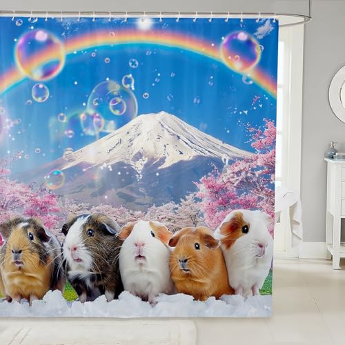 Image of Guinea Pig Shower Curtain for Girls Boys Kids Cute Cavy Lovely Pet Bath Curtain Rainbow Mountain Landscape Bathroom Shower Curtain Set Room Decor Cherry Tree Waterproof Polyester Curtains 72x78 Inch