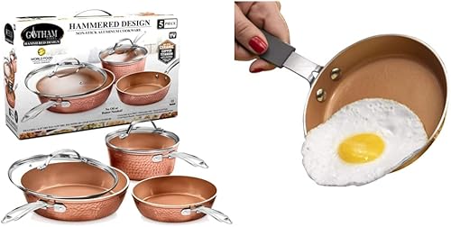 Gotham Steel Utensilios de cocina martillados de alta calidad colección de 5 piezas y cobre martillado mini sartén para huevos de 55 pulgadas