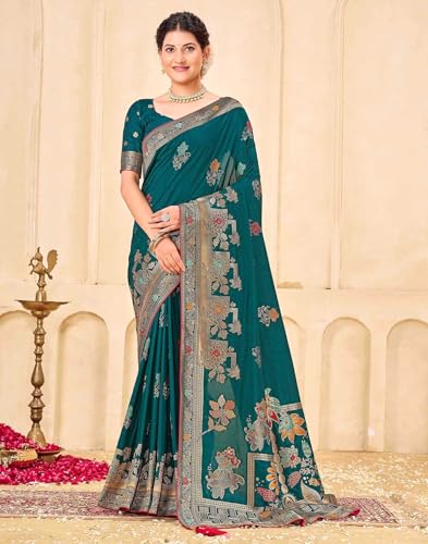 Image of SIRIL Women's Silk Kashmiri Minakari Jacquard Saree With Unstitched Blouse Piece