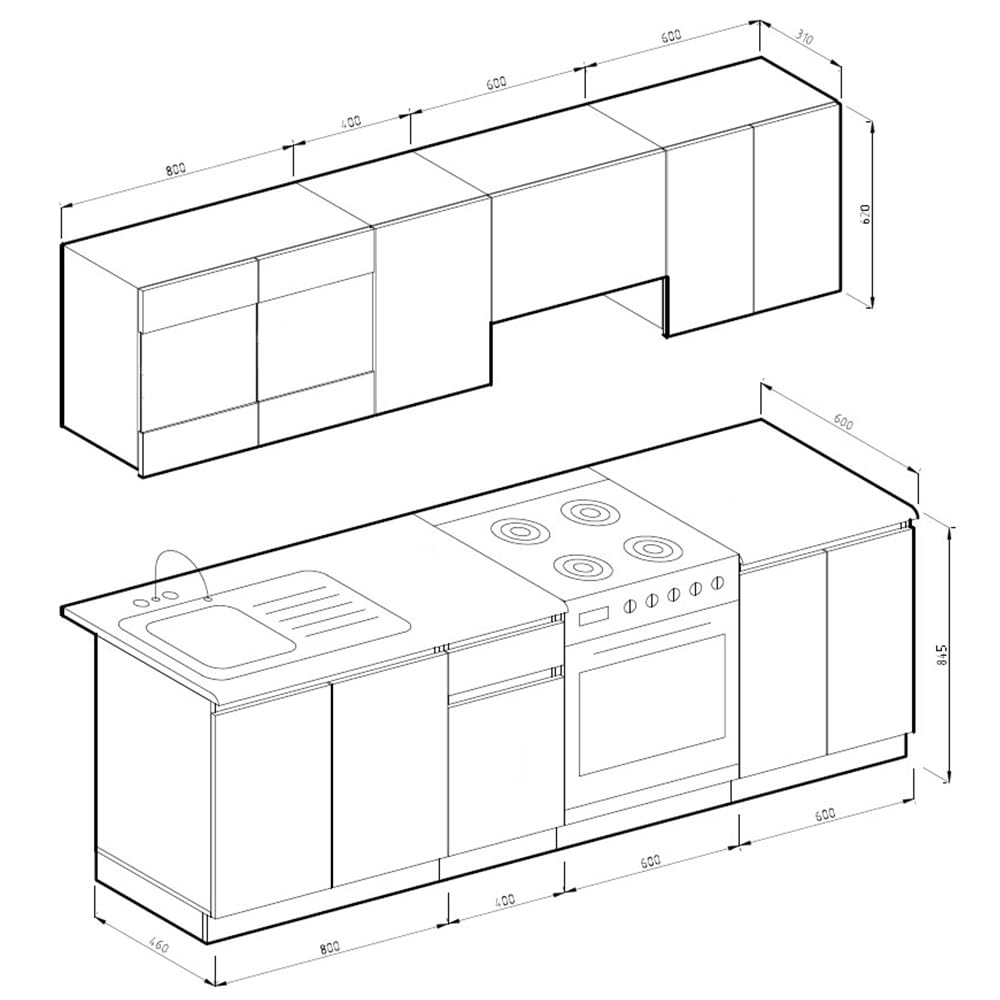 Vicco Cucina componibile Raul, Bianco lucido/bianco, 240 cm, PL Sonoma, con moduli posizionabili variabilmente e piedini regolabili in altezza