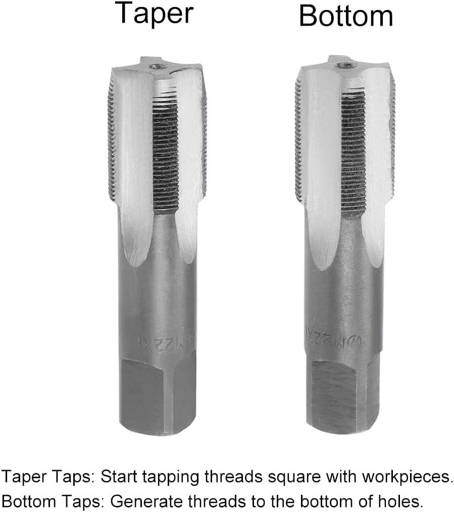 uxcell Metric Hand Tap M22 Thread 1 Pitch 4 Straight Flutes H2 Alloy Tool Steel Bottom & Taper Screw Tap Set Tapping Tools for Repairing 1 Pair