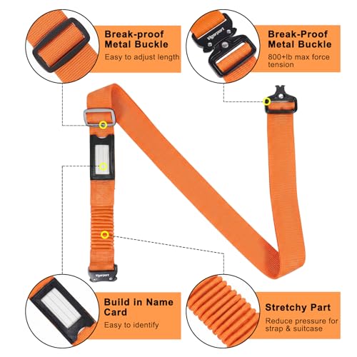 Image of Vigorport Luggage Straps for Suitcases 2 Pack, Heavy Duty Metal Buckle Luggage Belt Strap, TSA Approved Suitcase Belt, Stretchable Travel Strap for Luggage (Orange, 72″ L & 79″ L)