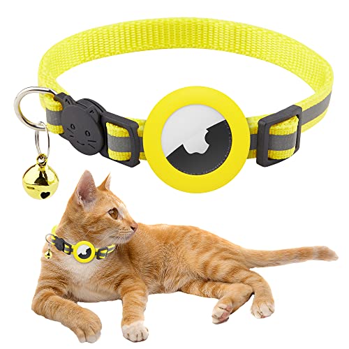 Airtag ケース ペット用 エアタグ猫用首輪 airtag 犬 首輪 ベル付き調節可能な猫用首輪安全バックル 警報GPS追迹装置 軽量 耐衝撃 防水 防塵 紛失防止 可愛い (イエロー)
