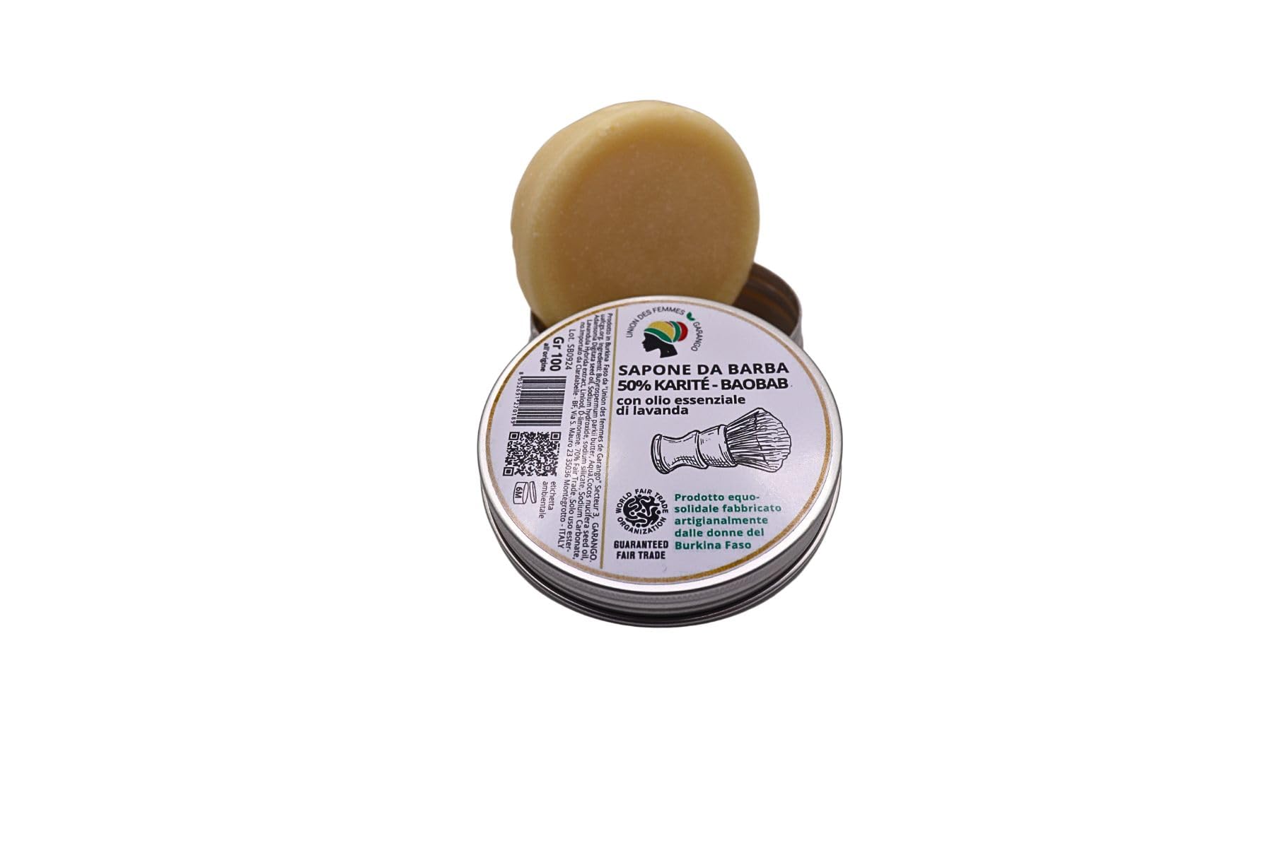 Sapone da barba 50% karité e baobab, con olio essenziale di lavanda (100 gr). Prodotto artigianale ottenuto da impasto a freddo. Cremoso e idratante. Tagliato a mano.