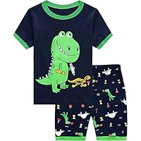 Little Hand Boys Pyjamas Set Dinosaur Print Boys Pjs Short Sleeve Cotton Sleepwear Tops Shirts & Pants for Age 1-7 Years (4# Dinosaur/Navy Blue, 3-4 Years)