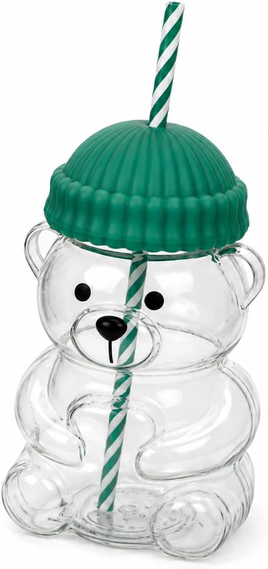 Orret Home 580 ML Ayıcık Desenli Cam Bardak Pipetli Silikon Kapaklı Soğuk Kahve Bardağı Şeffaf Cam Kupa Sevimli Ayıcık Bardak Bubble Tea Smoothie Milkshake Meyve Suyu İçecek Bardağı Çocuk ve Yetişkin