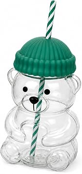 Orret Home 580 ML Ayıcık Desenli Cam Bardak Pipetli Silikon Kapaklı Soğuk Kahve Bardağı Şeffaf Cam Kupa Sevimli Ayıcık Bardak Bubble Tea Smoothie Milkshake Meyve Suyu İçecek Bardağı Çocuk ve Yetişkin
