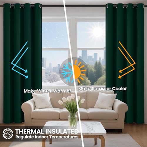Image of COSVIYA 100% Pine Tree Green Blackout Curtains for Living Room 84 Inch Long | Room Darkening Light Blocking Drapes for Bedroom, Grommet Thermal Insulated Window Panels with Black Liner, W52xL84,2 Panels