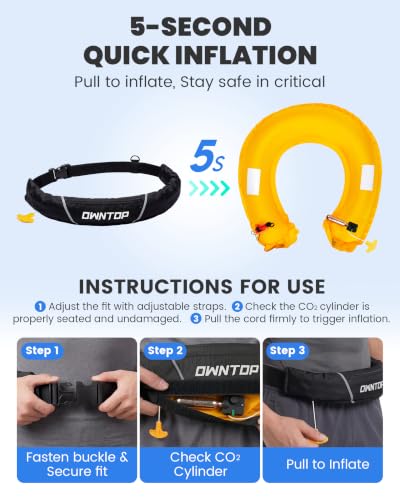 Image of Owntop Manual Inflatable Belt Pack, Adults Swim Jacket with Blowpipe & Whistle, 24g CO2 Cylinder Included, Low Profile for Kayaking, Fishing, Paddle Sports
