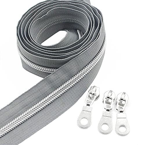 Image of Leekayer #5 Metallic Silver Nylon Coil Zippers by The Yard Bulk 10 Yards Grey Tape with 25pcs Silver Sliders for DIY Sewing Tailor Craft Bag(Grey)