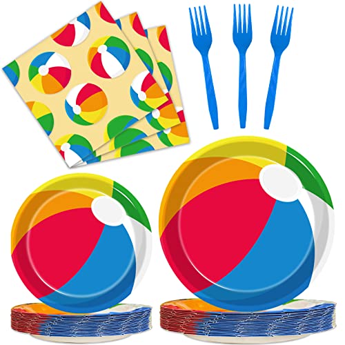 Kepeel 96 Pcs Summer Pool Beach Party Paper Plates Napkins, Beach Pool Ball Party Decorations Supplies Disposable Dinnerware Tableware for Kids, Serves 24