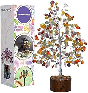 FASHIONZAADI Mix Chakra Gemstone Tree For Feng Shui Bonsai Reiki Healing Crystals Money Trees Chakra Balancing Stone Good Luck Crystal Home Decoration Table showpiece size -10 Inch (Silver Wire)