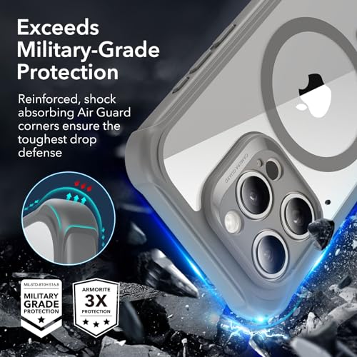 Image of ESR for iPhone 15 Pro Max Case, Compatible with MagSafe, Full-Body Military-Grade Drop Proof Case for iPhone 15 Pro Max with Built-in 9H+ Tempered Glass Screen Protector, Clear Grey