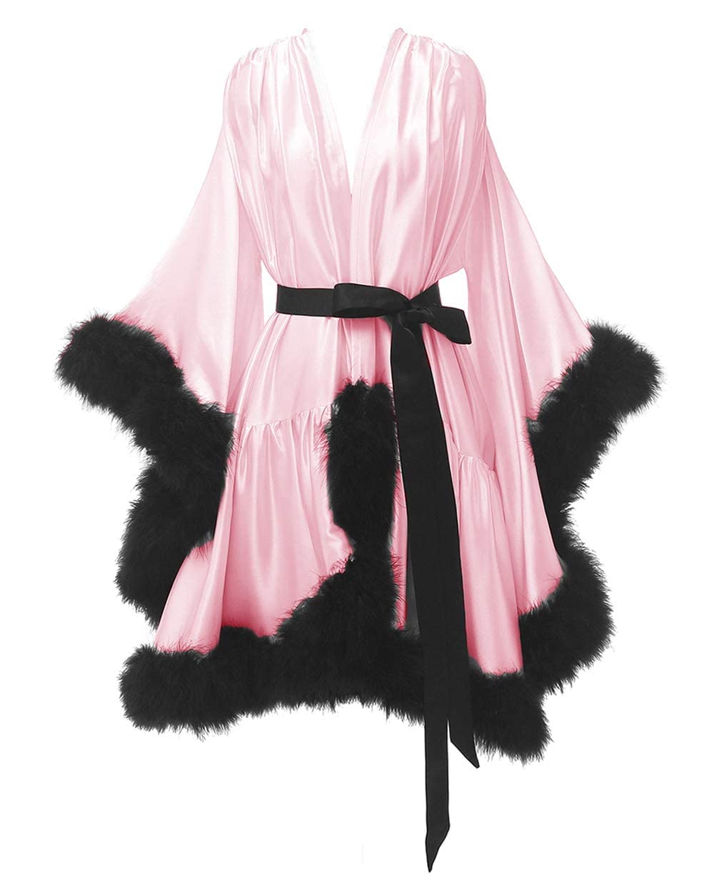 Changuan Women's Feather Robe Silk Satin Fur Bridal Robe Short Dressing Gown Lingerie Nightgown Bathrobe Sleepwear