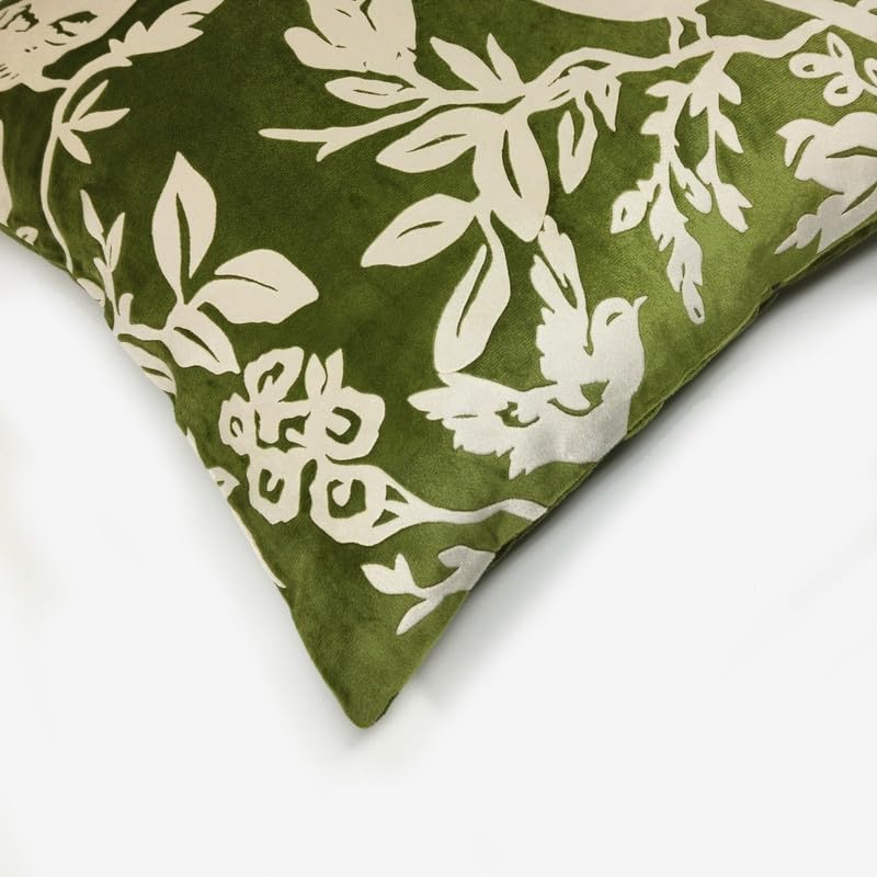 Image of Birds Designer Printed Velvet Cushion Cover | Decorative Cushion Cover | Modern & Trendy | for Sofa Chair Bedroom | Set of 1 (16 x 16 Inch, Green & Cream)